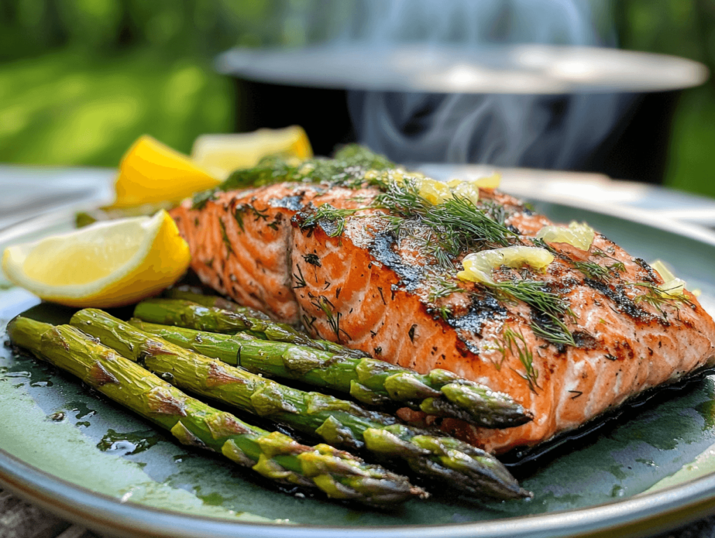 Grilled salmon and asparagus with lemon herb dressing.