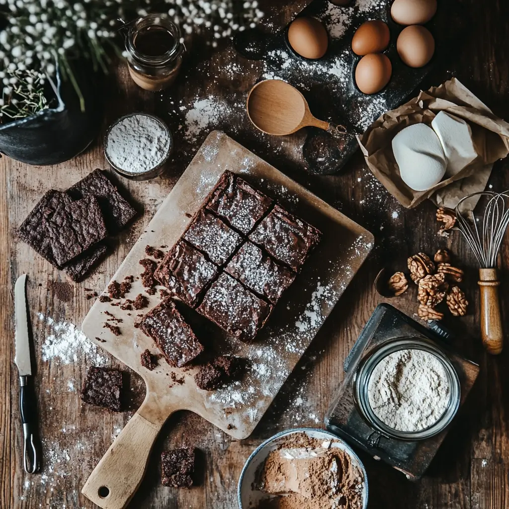 Sourdough brownies, cookies, and chocolate cake styled in a rustic kitchen.