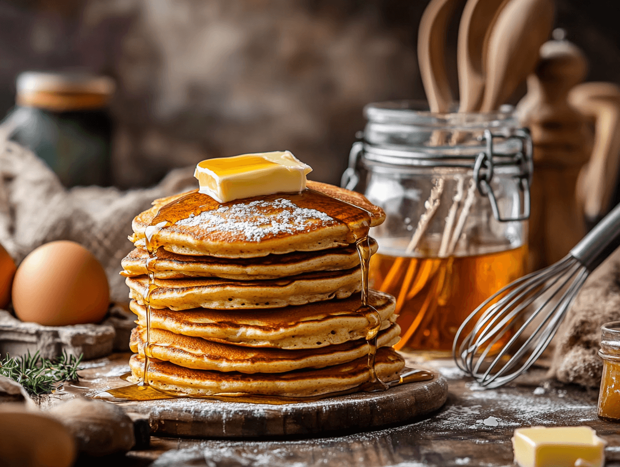 Stack of sourdough pancakes with syrup in a cozy kitchen