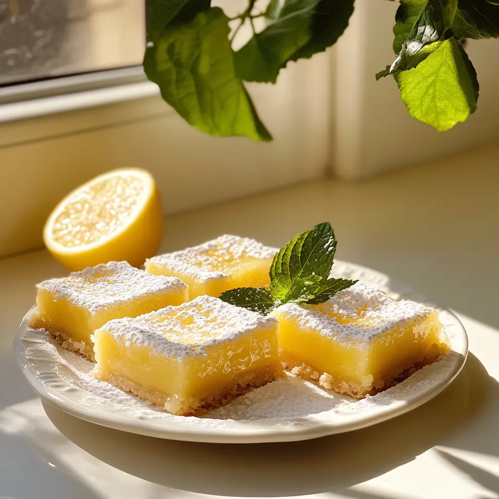 Sourdough lemon bars garnished with powdered sugar and mint leaves.