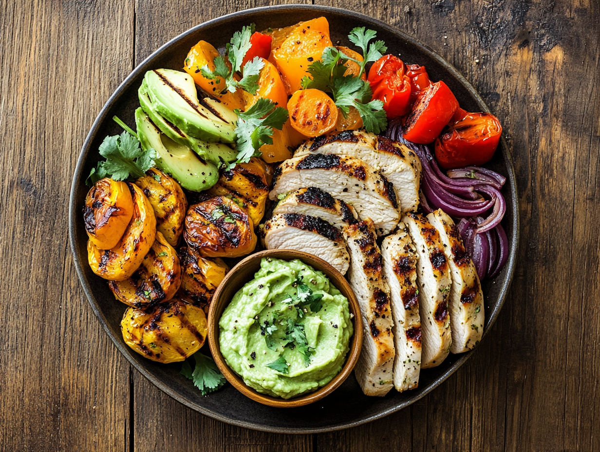 AIP-friendly meal with grilled chicken, vegetables, and avocado dip