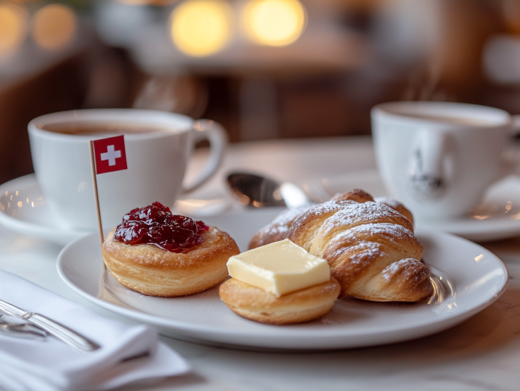 Freshly baked Gipfeli served with jam and cappuccino.