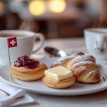 Freshly baked Gipfeli served with jam and cappuccino.